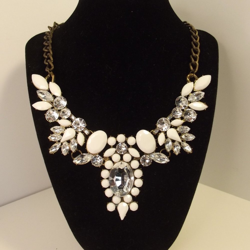 White Cabochon & HUGE Rhinestone Statement Necklace